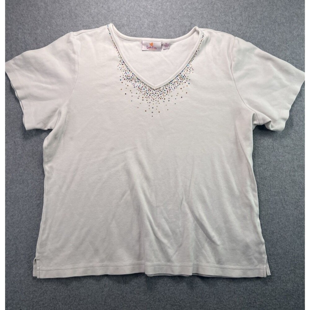Quacker Factory Confetti Beaded V Neck Top XL White Short Sleeve Casual Top